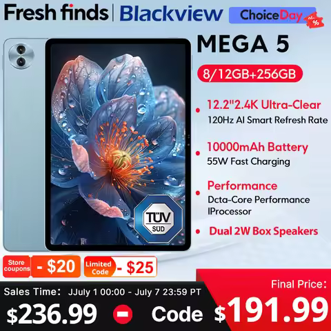 New Blackview MEGA 5 AI Tablet 12.2" 2.4K 120Hz Display 12GB 256GB 10000mAh 55W Charging 4G Android