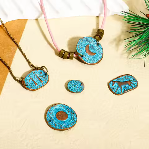 10PCs Bohemian Round Flower Horse Moon Pattern Charms Blue Patina Geometric Connectors Diy Necklace 