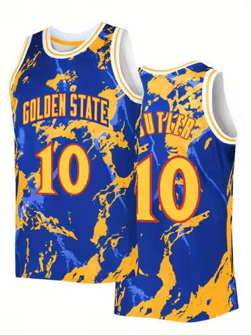 Golden State "Butler 10" Basketball Jersey - Blue & Yellow Marble Print Team Name & Number Stylish B