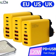 120W QC3.0 High-Speed Charging Data Cord - Cellphone Wall Adapter With Cable - 6-Port USB-A USB-C Ch