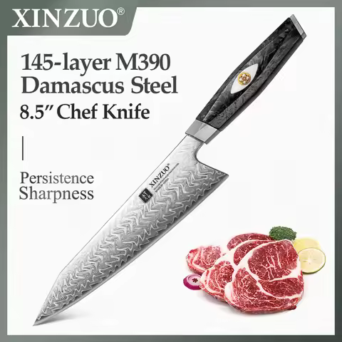 XINZUO 8.5" Inch M390 Damascus Steel Stainless Steel Ultra Sharp Kitchen Knife With Black Carbon Fib