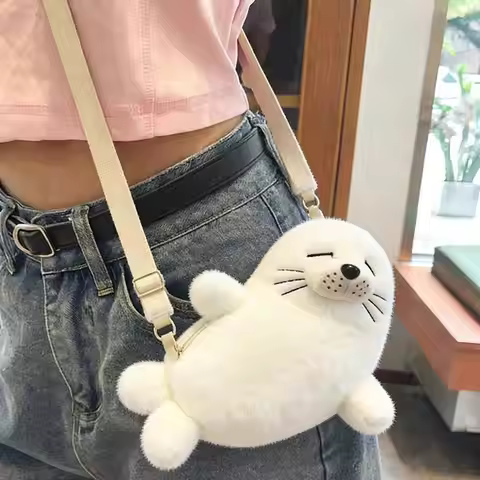 Cute Seal Plush Shoulder Bag Kawaii Soft Animal Crossbody Bag Funny Plushie Purse Handbag Gifts For 