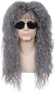 BERON 70s 80s Wig Gray Punk Wig Rocker Wig for Men and Women Long Curly Mullet Wig Heat Resistant Synthetic Cosplay Funny Costume Wig (Dark Gray)
