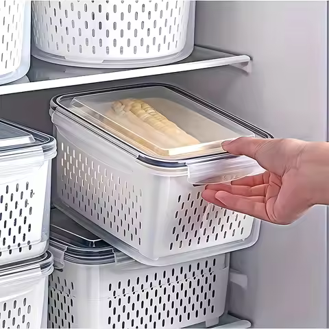 9-piece plastic food storage set: 3 containers, 3 lids, 3 draining baskets