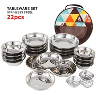 [Woodz] CLS 4pax Camping Mess Kit Outdoor Stainless Steel Tableware Set Plate Bowl With Storage Bag 