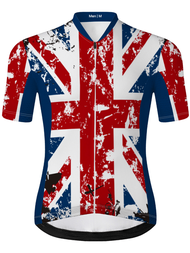 男士英國國旗印花單車運動服，透氣速乾短袖修身單車上衣，戶外運動T恤
