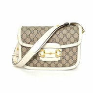 GUCCI Horsebit馬銜扣1955馬鞍包小號25白色帆布金扣肩背包