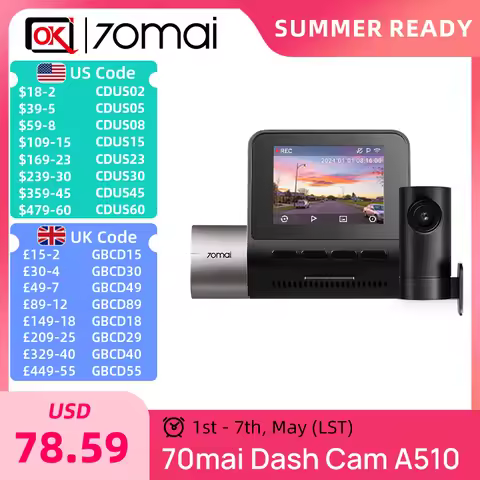 70mai Dash Cam A510 1944P 3K HDR Built-in GPS ADAS Smart Dash Cam A510 Support Rear Cam 4G Connectiv