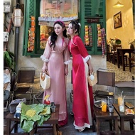 Innovative ao dai Set with cute 2-color design for girls to take photos, ao dai vietnam, ao dai musl