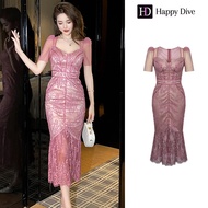 เดรสผู้หญิง 20525 รุ่น Wrap Dress สไตล์ Retro Vintage คอเหลี่ยม ลูกไม้ สีดำ/สีชมพู ไซส์ S/M/L/XL/XXL