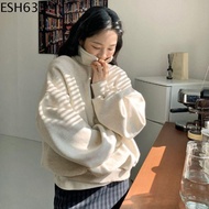 ESH63 ซิป เสื้อแขนยาว หลวม คอปกสูงครึ่ง ท็อปฮู้ดฤดูใบไม้ร่วง ผ้าสีพื้น ชุดเสื้อผ้า ผู้หญิงใส่เสื้อสเ
