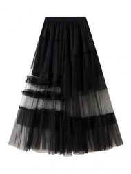 Women´s Summer Solid Color Sheer Flowy Long Mesh Skirt