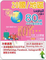 📬限時包平郵📬🔥熱銷卡🔥🐼Lucky2 香港+亞太+英美加+金磚20國365天5G無限上網 80GB 香港/中國/台灣/澳門/俄羅斯/印度/南非/日本/南韓/澳洲/紐西蘭/星加坡/馬來西亞/印尼/泰國