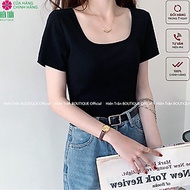 Áo phông nữ Hiền Trần BOUTIQUE cổ vuông cộc tay form đẹp thun trơn co giãn tốt màu đen trắng thời tr