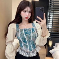 Onefashionmall Atasan Baju Wanita Crop Karet Retro Vintage Top Floral Renda With Lace Blouse Bunga S