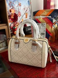 TORY BURCH 湯麗柏琦 T Monogram 簡約時尚可感肩帶提花拼小牛皮 酒桶包斜挎單肩包 小號 女式 杏仁白