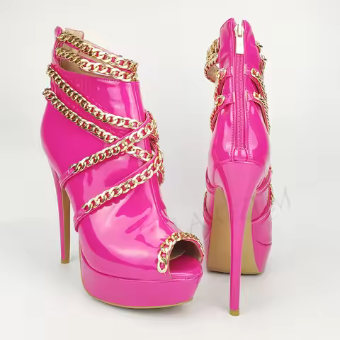 LAIGZEM Ankle Women Summer Boots High Heels Platform Boots Metal Chains Back Zip Botines Shoes Woman