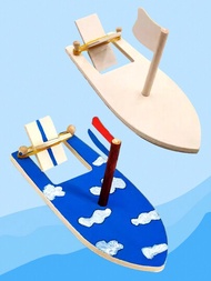 1套diy木質帆船,創意白色模型繪畫,diy手工木船帶塗料和材料
