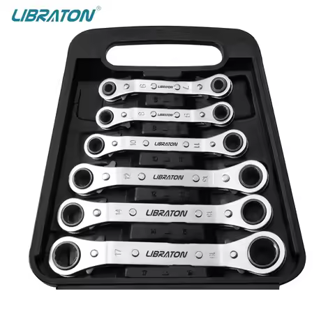 Libraton Offset Wrench Set Metric 6PCs Ratcheting Box Wrenches 6-19mm with Storage Organizer Box, Ch