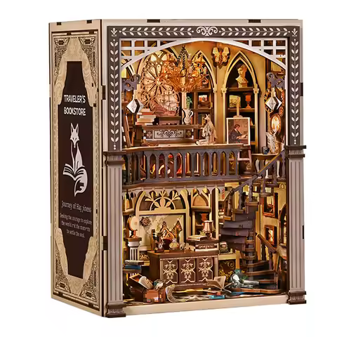 DIY Wooden Traveler's Bookstore Book Nook Figurines Miniatures Kits Bookend for Friends Birthday Gif