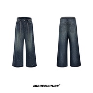 ArguE24ss ใหม่ Vintage Washed Sash Heavy Embellished ขากว้าง กางเกงยีนส์ หลวม Fit เดนิม กางเกง สูง เ