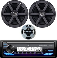 JVC KD-X38MBS Single DIN Marine Motorsports Bluetooth USB AUX AM/FM Radio Stereo Receiver Bundle Combo with 2X 6.5 2-Way 100 Watts Max Power Black Marine Speakers and RMRK62M Wired Remote Control