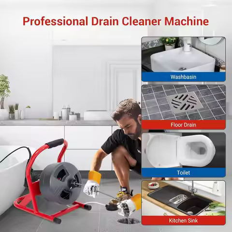 50Ft x 5/16" Electric Drain Auger, Professional Drain Cleaner Machine for 3/4" to 3" Pipes with Foot