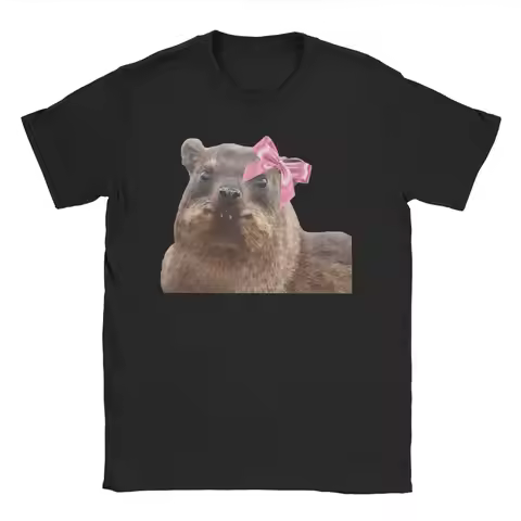 Novelty Hyrax Awawa T-Shirt Men Crew Neck Pure Cotton T Shirts Cute Rock Hyrax Wearing Bow Short Sle