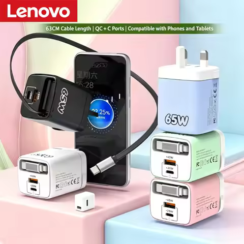 Lenovo PD65W Retractable Cable Charger Fast Charging Phone Charger 1 PD 1 USB Multi-Port Travel Char
