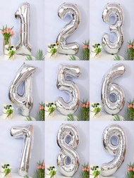 32英寸銀色阿拉伯數字鋁箔氣球，適用於派對/婚禮/生日/慶祝活動裝飾（附紙吸管）