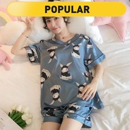 baju tidur dewasa pyjamas satin baju tidur satin Piyama Wanita Musim Panas Sutera Ais Seksi Versi Korea Lengan Pendek Dua Helai Musim Panas Wanita Nipis Seluar Pendek Pakaian Rumah Saiz Besar