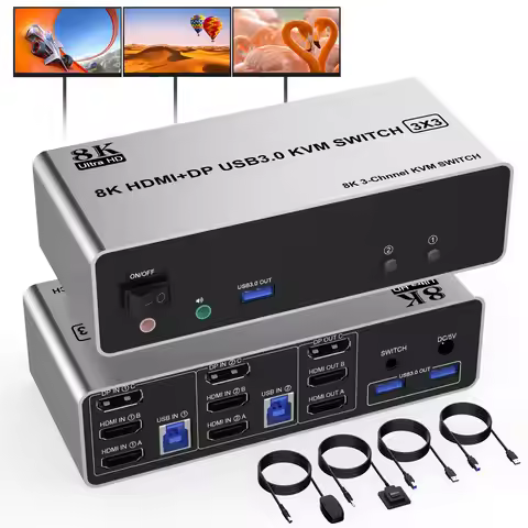 8K Displayport + HDMI KVM Switch 3 Monitors 2 Computers USB 3.0-8K@60Hz Triple Monitor KVM Switch fo