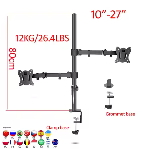 (80cm) DL-T902-280II Full Motion Dual Monitor desktop stand Holder 10"-27" clamp grommet hole base P