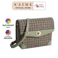 【READY STOCK】SAIME Houndstooth Pattern Turn Lock Crossbody Bag 千鸟纹圆转锁斜背包 (S)