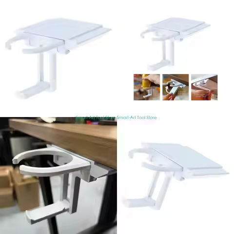 E1PB Clamp On Under Table Cup Tray Foldable Space Efficient Designs Retractable Arm Drink Holder for