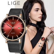 [Aishang watch industry]LIGE นาฬิกาแฟชั่นผู้หญิงแบรนด์หรูสุภาพสตรีตาข่ายเข็มขัดบางเฉียบนาฬิกาสแตนเลสกันน้ำนาฬิกาควอตซ์ Reloj Mujer