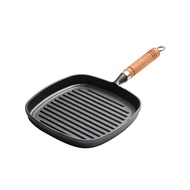 Small Happiness Cast Iron Wooden Handle Frying Pan Household Striped Steak Pot Cast Iron Pan