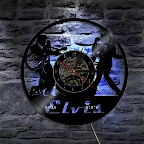 Vinyl Record Wall Clock Elvis Retro Home Decor Personality Hollow Quartz Clock Led