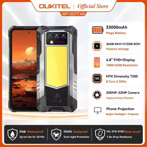 Oukitel WP100 Titan Rugged Phone 33000mAh 66W Charger 200MP Camera Built-in Projector Camping Light 