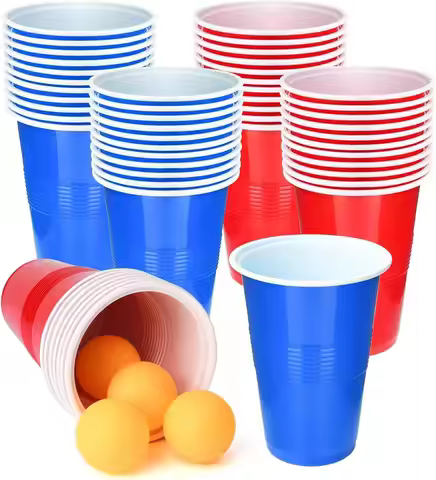 60 Packs 16 Oz Plastic Party Cups with 6PCS Ping Pong Balls Beer Pong Game Set for Drinks, Soda Punc
