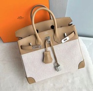 全新愛馬仕 Hermes birkin 25 4B 餅乾色銀扣帆布 toile