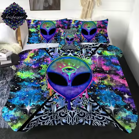 Trippy Alien Duvet Cover Set Queen Alien Skull Bedding Set Psychedelic Space Watercolor Colorful Que