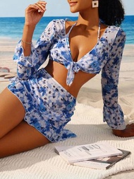 Conjunto De Bikini Con Estampado Floral Para Mujer + Cubierta Tipo Kimono Con Lazo Frontal Y Falda De Traje De Baño