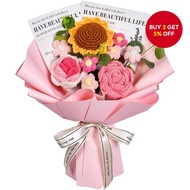 Crochet Floral Bouquet, Knitted Pink Sunflower Rose Daisy Bouquet For Mothers Fathers Day Graduation