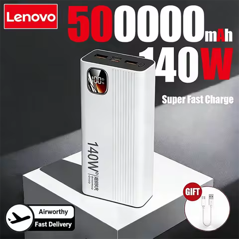 Lenovo 500000mAh 140W PowerBank Super Fast Charge Portable Powerbank External Battery Charger LED Di
