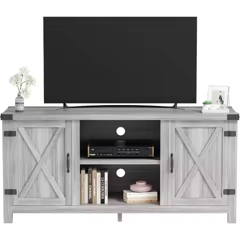 65 Inch TV Farmhouse TV Stand with Double Barn Doors Grey