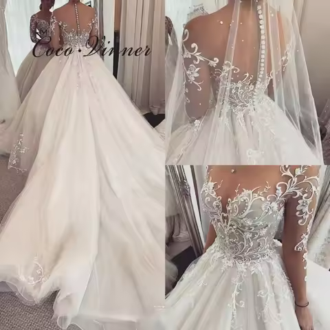 Customized Illusion Back Wedding Dress 2025 Ball Gown Lace Appliques On Net With Pearls Beading Euro