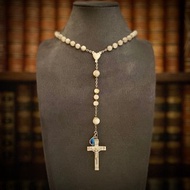 法國 Belle Époquex天主教百年珍珠母貝 純銀珐瑯聖牌 玫瑰念珠