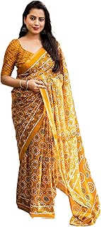 Women's Cotton Saree With Ajrakh Print and Blouse Piece, Mustard, Free Size, Mustard, One Size
