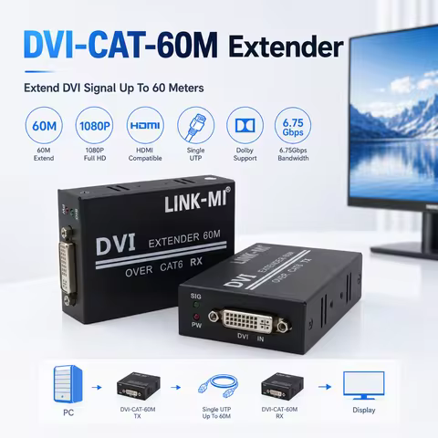 DVI CAT6 Extender 60M 1080P HDMI DVI Extender Over Cat6 LAN Cable Transmitter Receiver Digital Video